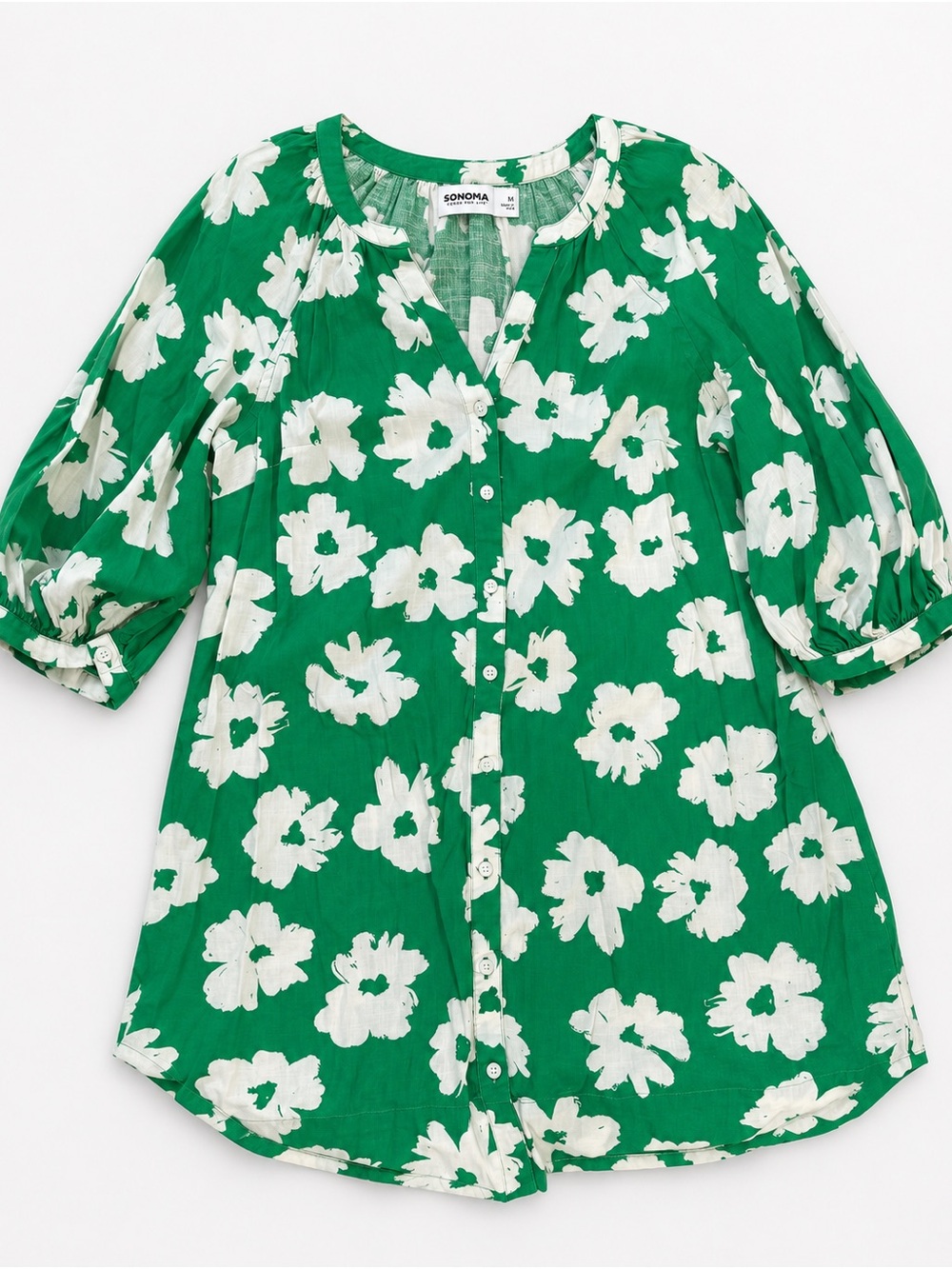 Sonoma Green and White Floral Button-Front Blouse